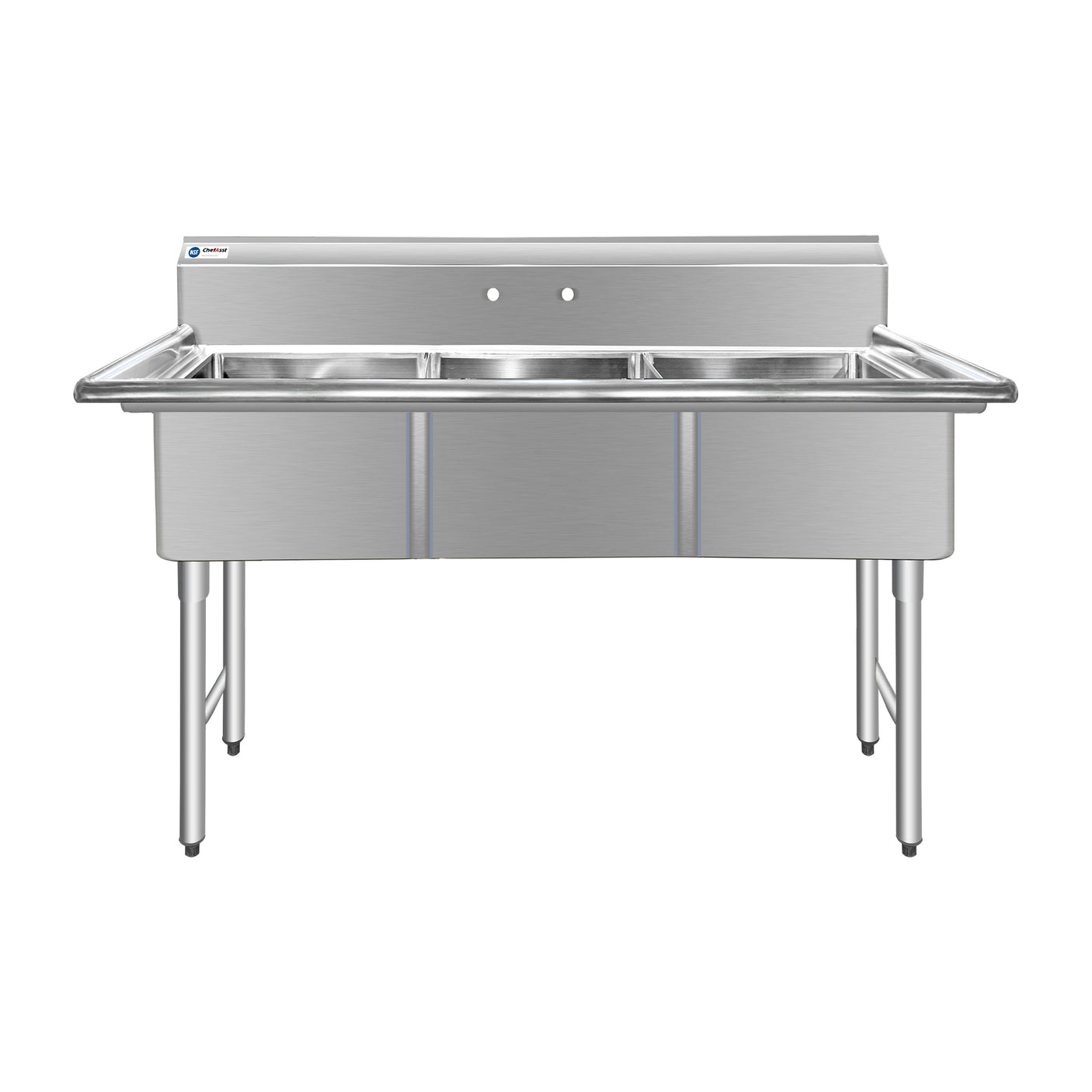 ChefAsst 61" CA-S3C181812-316 16-Gauge Stainless Steel Three Compartment Commercial Sink with Stainless Steel Legs, Cross Bracing, and without Drainboards - 18" x 18" x 12" Bowls
