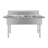 ChefAsst 61" CA-S3C181812-316 16-Gauge Stainless Steel Three Compartment Commercial Sink with Stainless Steel Legs, Cross Bracing, and without Drainboards - 18" x 18" x 12" Bowls