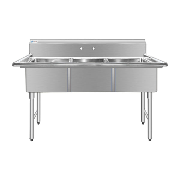 ChefAsst 61" CA-S3C181812-316 16-Gauge Stainless Steel Three Compartment Commercial Sink with Stainless Steel Legs, Cross Bracing, and without Drainboards - 18" x 18" x 12" Bowls