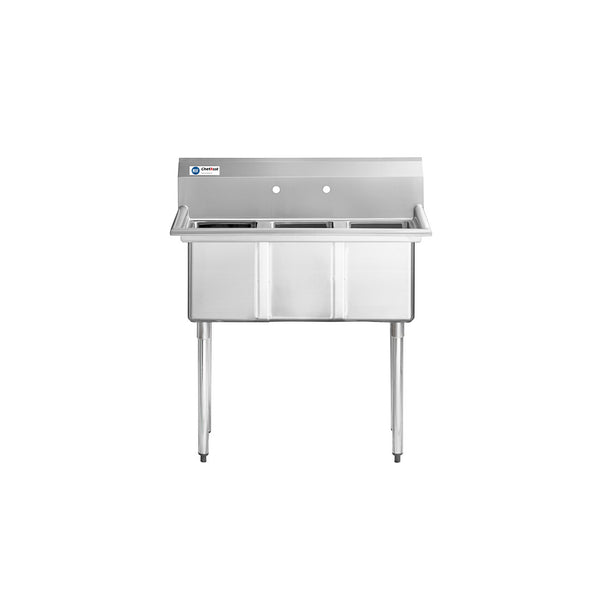 ChefAsst 36" 16-Gauge Stainless Steel Three Compartment Commercial Sink with Stainless Steel Legs,Cross Bracing,and without Drainboards - 10" x 14" x 10" Bowls