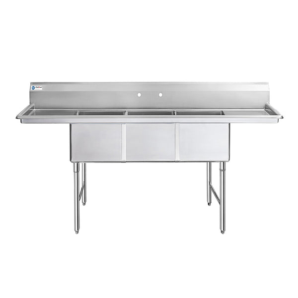 ChefAsst 75" 16-Gauge Stainless Steel Three Compartment Commercial Sink with Stainless Steel Legs,Cross Bracing,and Two 15" Drain Boards - 15" x 15" x 12" Bowl