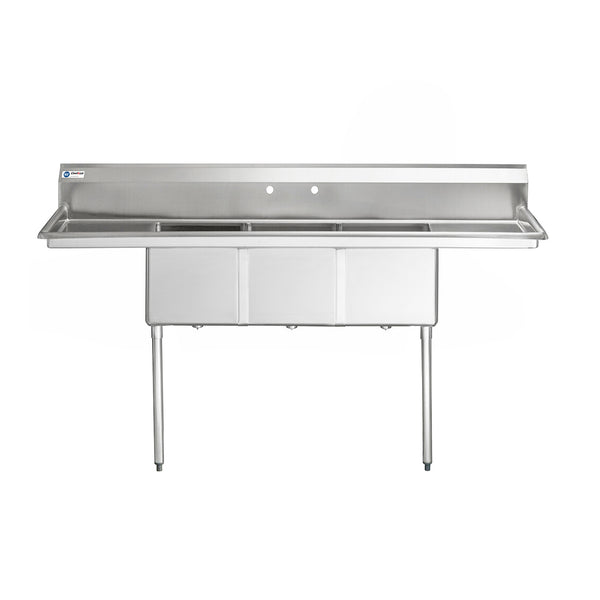 ChefAsst 121" 16-Gauge Stainless Steel Three Compartment Commercial Sink with Stainless Steel Legs,Cross Bracing,and Two 24" Drain Boards - 24" x 24" x 14" Bowl