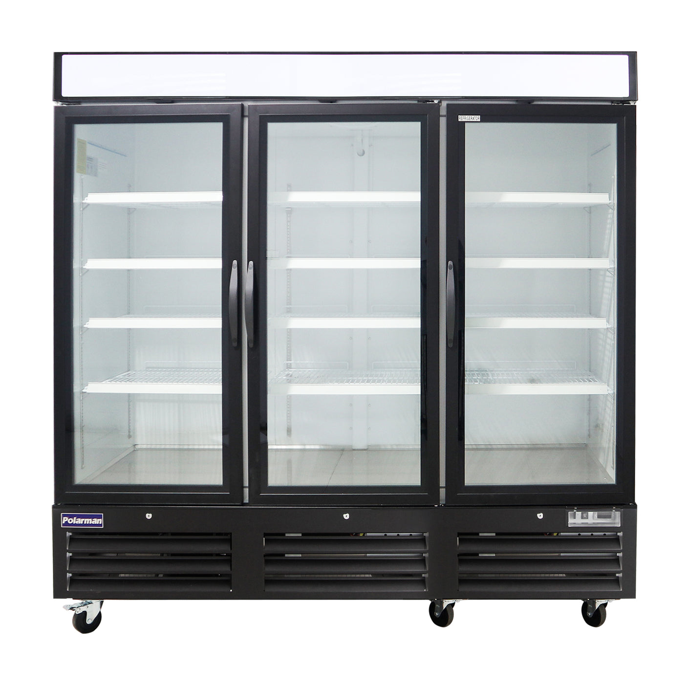 Polarman PLM-HGD72R 81" Black Refrigerated Triple Swing Glass Door Merchandiser with LED Lighting, 72 cu.ft