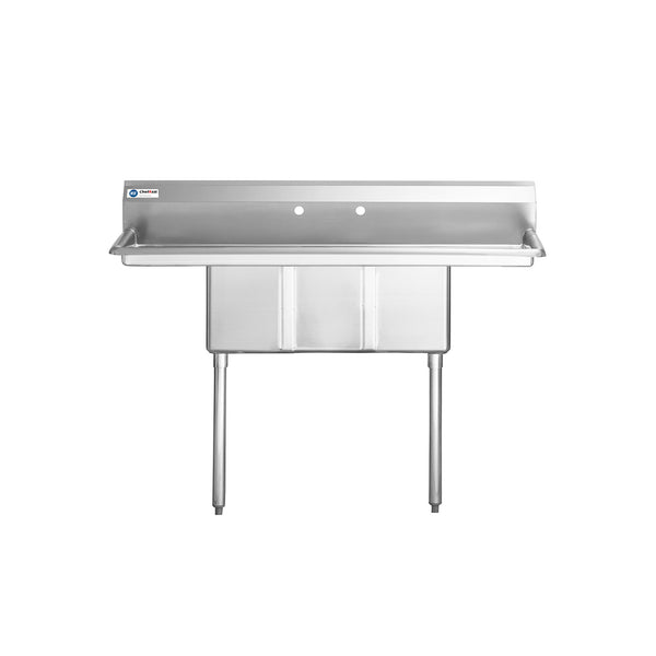 ChefAsst 54" 16-Gauge Stainless Steel Three Compartment Commercial Sink with Stainless Steel Legs,Cross Bracing,and Two 12" Drain Boards - 10" x 14" x 10" Bowl