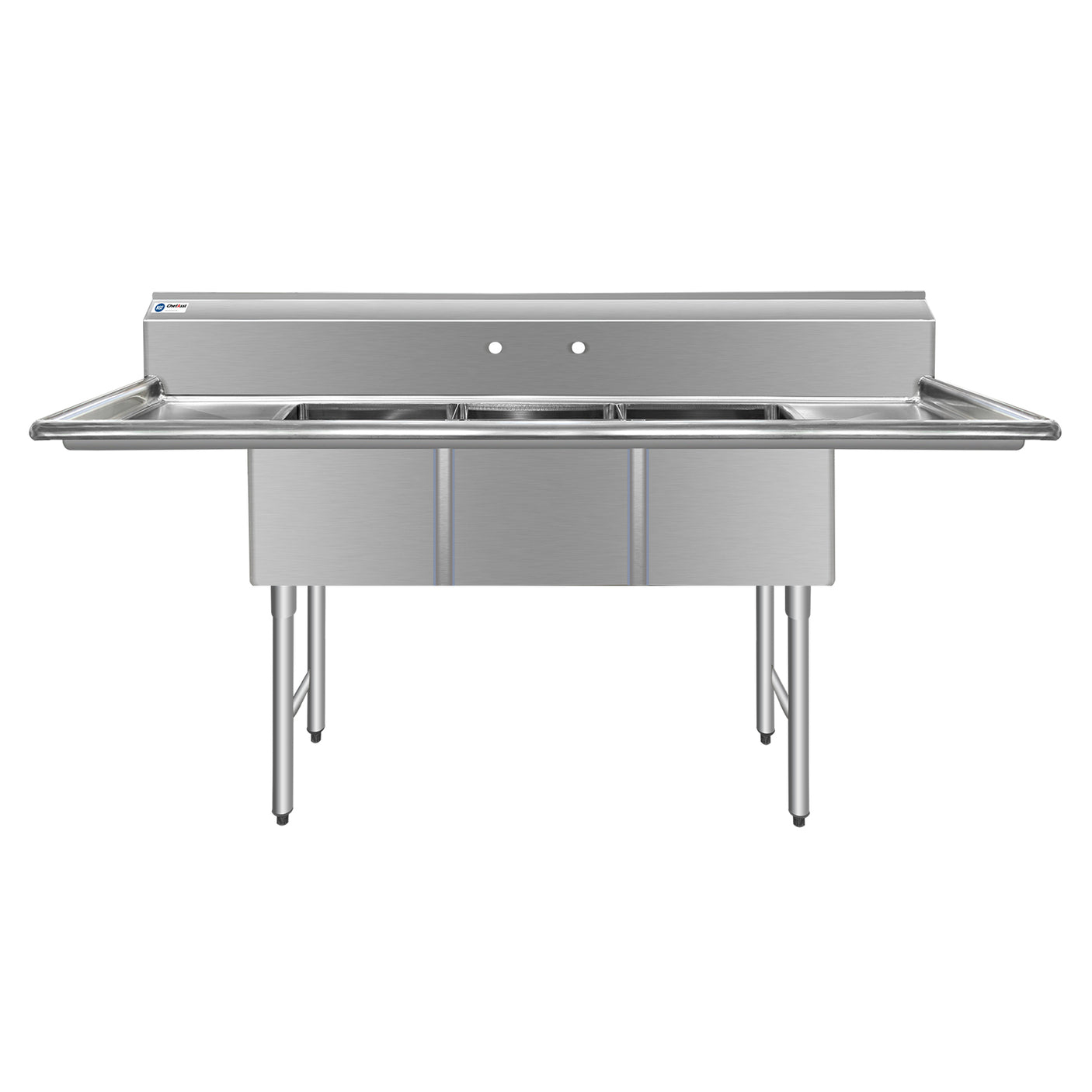 ChefAsst 91" CA-S3C181812-18LR-316 16-Gauge Stainless Steel Three Compartment Commercial Sink with Stainless Steel Legs, Cross Bracing, and Two 18" Drainboards - 18" x 18" x 12" Bowl