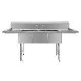 ChefAsst 91" CA-S3C181812-18LR-316 16-Gauge Stainless Steel Three Compartment Commercial Sink with Stainless Steel Legs, Cross Bracing, and Two 18" Drainboards - 18" x 18" x 12" Bowl