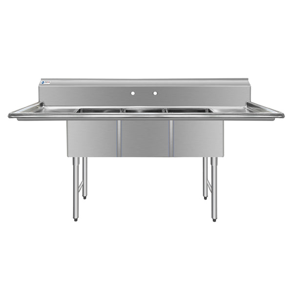 ChefAsst 91" CA-S3C181812-18LR-316 16-Gauge Stainless Steel Three Compartment Commercial Sink with Stainless Steel Legs, Cross Bracing, and Two 18" Drain Boards - 18" x 18" x 12" Bowl