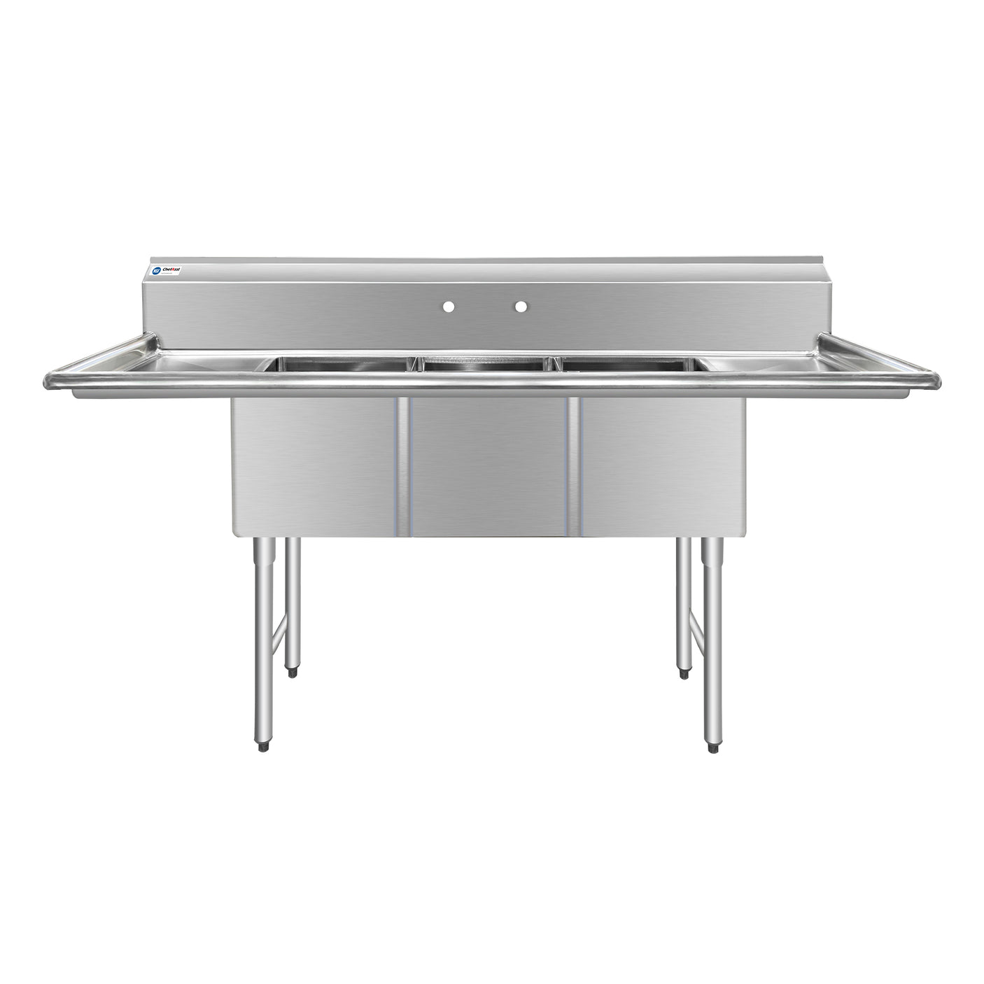 ChefAsst 91" CA-S3C182414-18LR-316 16-Gauge Stainless Steel Three Compartment Commercial Sink with Stainless Steel Legs, Cross Bracing, and Two 18" Drainboards - 18" x 24" x 14" Bowl