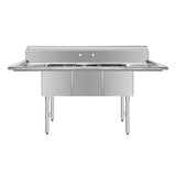 ChefAsst 91" CA-S3C182414-18LR-316 16-Gauge Stainless Steel Three Compartment Commercial Sink with Stainless Steel Legs, Cross Bracing, and Two 18" Drainboards - 18" x 24" x 14" Bowl