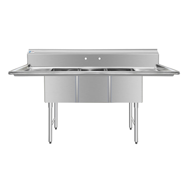ChefAsst 91" CA-S3C182414-18LR-316 16-Gauge Stainless Steel Three Compartment Commercial Sink with Stainless Steel Legs, Cross Bracing, and Two 18" Drain Boards - 18" x 24" x 14" Bowl