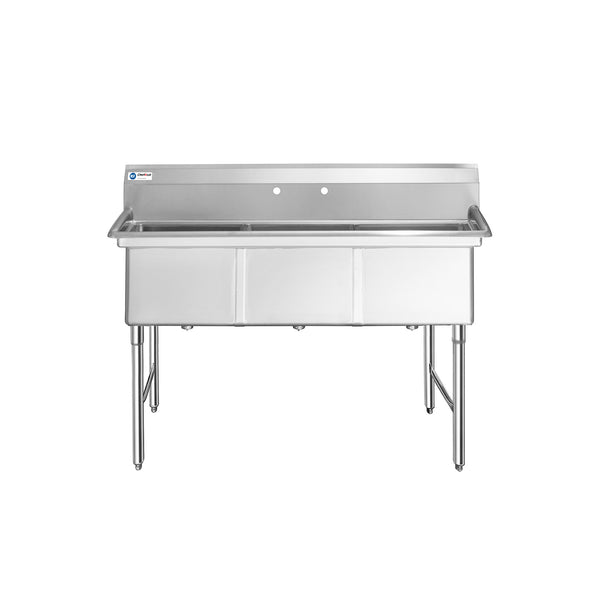 ChefAsst 61" 16-Gauge Stainless Steel Three Compartment Commercial Sink with Stainless Steel Legs, Cross Bracing, and without Drainboards - 18" x 18" x 12" Bowls