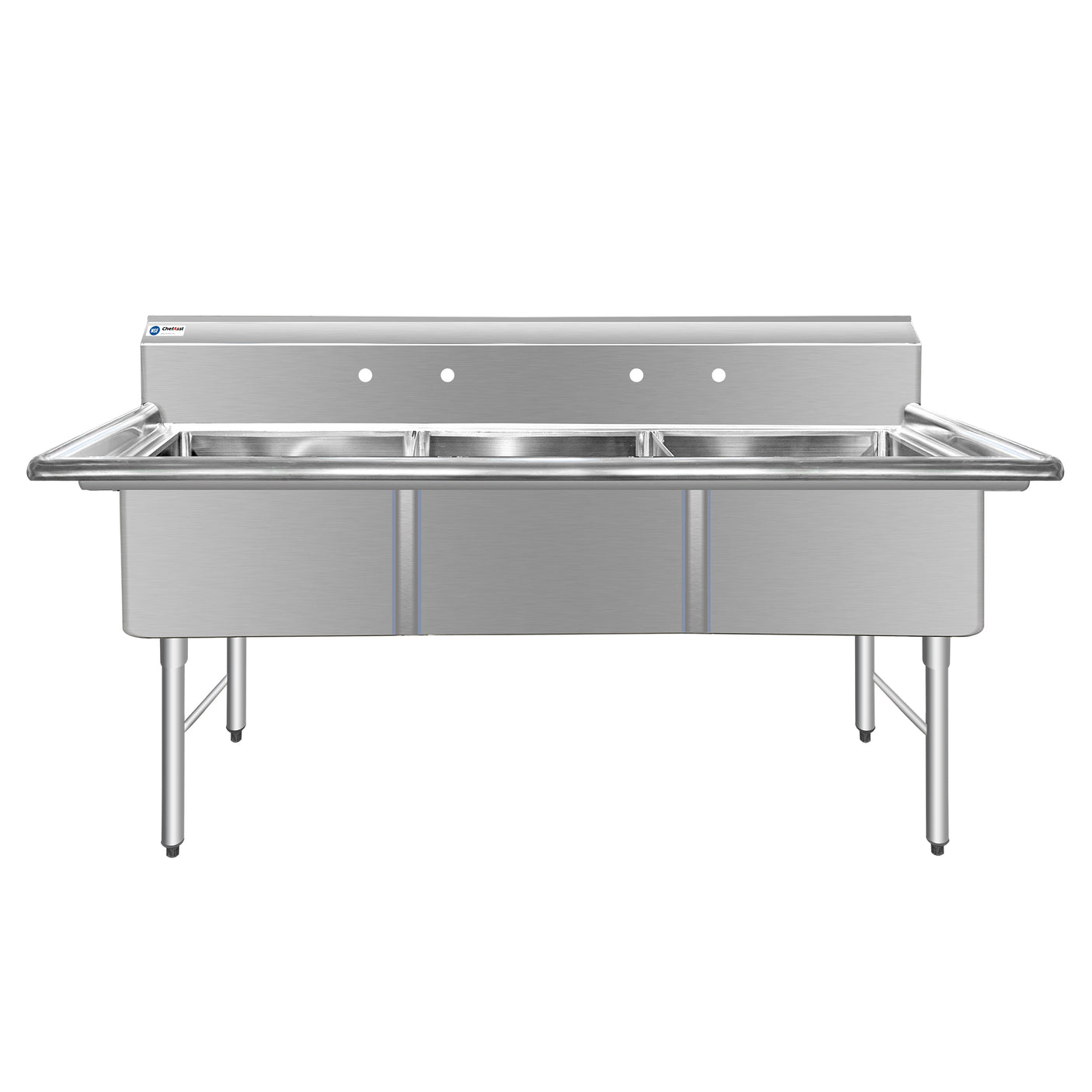 ChefAsst 78" CA-S3C242412-316 16-Gauge Stainless Steel Three Compartment Commercial Sink with Stainless Steel Legs, and without Drainboards - 24" x 24" x 12" Bowls