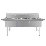 ChefAsst 78" CA-S3C242412-316 16-Gauge Stainless Steel Three Compartment Commercial Sink with Stainless Steel Legs, and without Drainboards - 24" x 24" x 12" Bowls