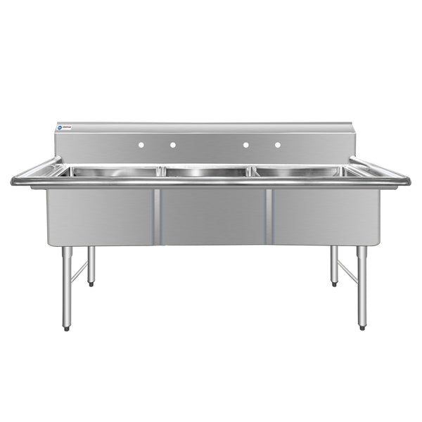 ChefAsst 78" CA-S3C242412-316 16-Gauge Stainless Steel Three Compartment Commercial Sink with Stainless Steel Legs,Cross Bracing, and without Drainboards - 24" x 24" x 12" Bowls