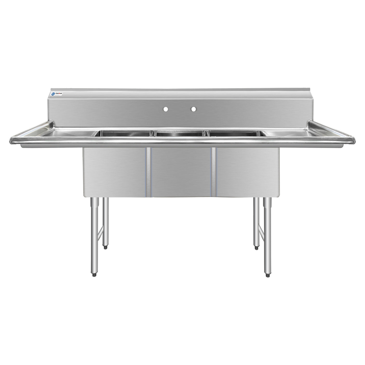 ChefAsst 91" CA-S3C181814-18LR-316 16-Gauge Stainless Steel Three Compartment Commercial Sink with Stainless Steel Legs, Cross Bracing, and Two 18" Drainboards - 18" x 18" x 14" Bowl