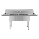 ChefAsst 91" CA-S3C181814-18LR-316 16-Gauge Stainless Steel Three Compartment Commercial Sink with Stainless Steel Legs, Cross Bracing, and Two 18" Drainboards - 18" x 18" x 14" Bowl