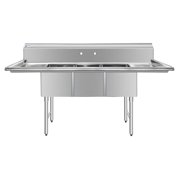 ChefAsst 91" CA-S3C181814-18LR-316 16-Gauge Stainless Steel Three Compartment Commercial Sink with Stainless Steel Legs, Cross Bracing, and Two 18" Drain Boards - 18" x 18" x 14" Bowl