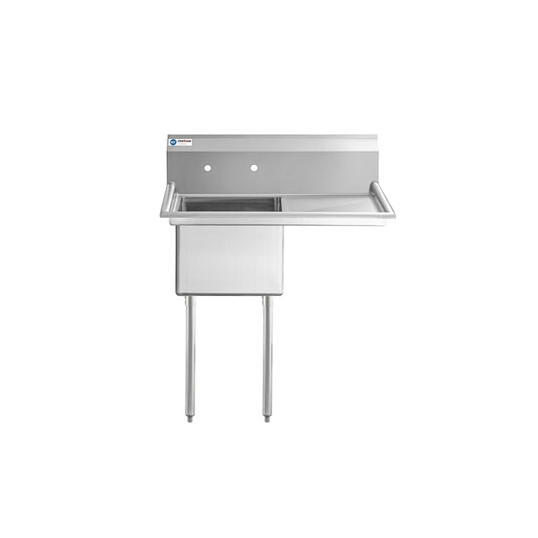 ChefAsst 40" 16-Gauge Stainless Steel Single Compartment Commercial Sink with Stainless Steel Legs,Cross Bracing,and Right 18" Drainboard - 18" x 18" x 12" Bowl