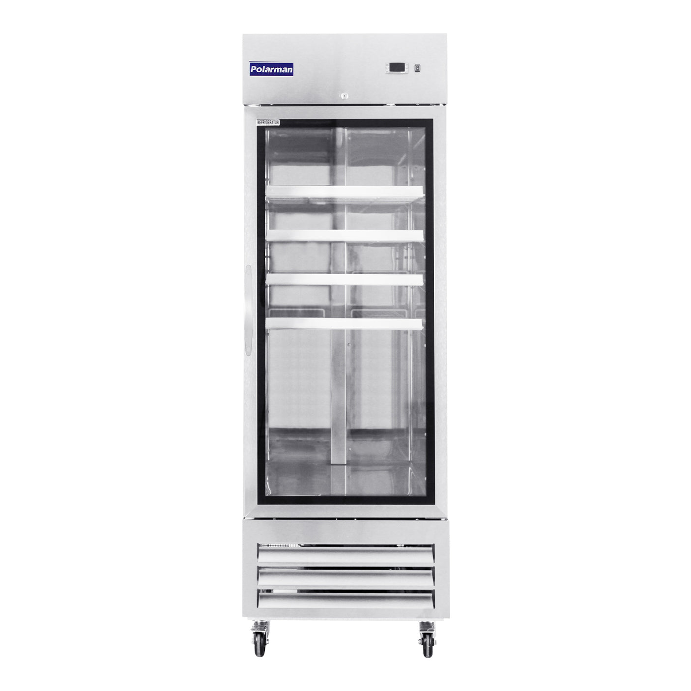 Polarman PLM-27RGS 26 3/4" Reach-In Refrigerator with Single Glass Door with LED Lighting, Bottom Mount, Stainless Steel, 23 cu. ft.