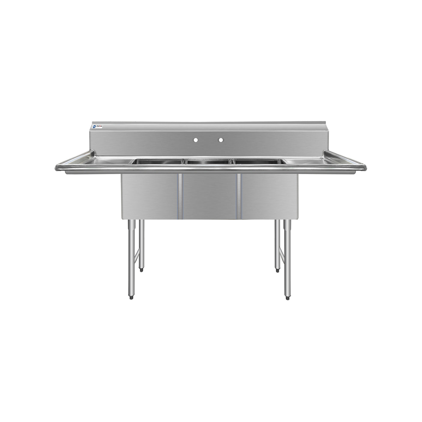 ChefAsst 54" CA-S3C101410-12LR-316 16-Gauge Stainless Steel Three Compartment Commercial Sink with Stainless Steel Legs, and Two 12" Drainboards - 10" x 14" x 10" Bowl