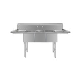 ChefAsst 54" CA-S3C101410-12LR-316 16-Gauge Stainless Steel Three Compartment Commercial Sink with Stainless Steel Legs, and Two 12" Drainboards - 10" x 14" x 10" Bowl