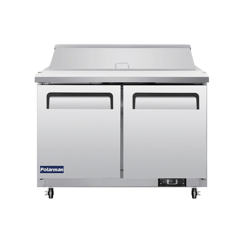 Polarman PLM-S48S 48 1/4" Stainless Steel Sandwich Prep Table with Two Solid Full Doors, (12) 1/6 Size Pans