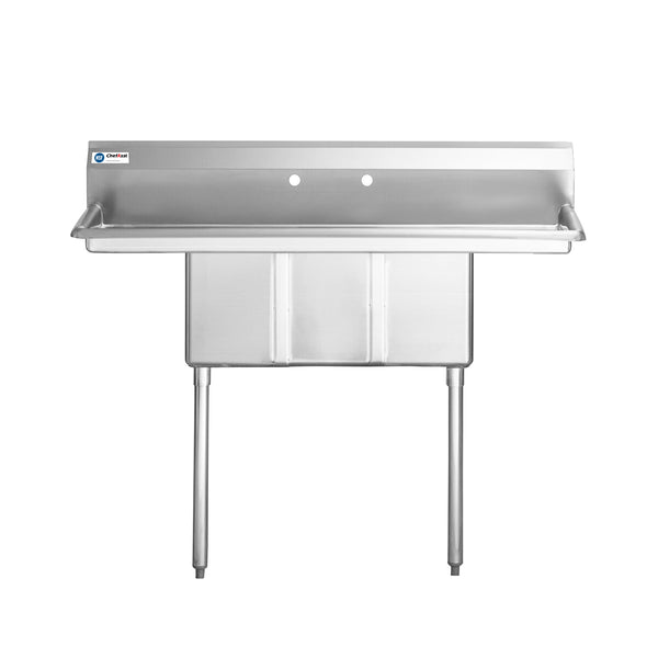 ChefAsst 54" 16-Gauge Stainless Steel Three Compartment Commercial Sink with Stainless Steel Legs,Cross Bracing,and Two 12" Drain Boards - 10" x 14" x 10" Bowl