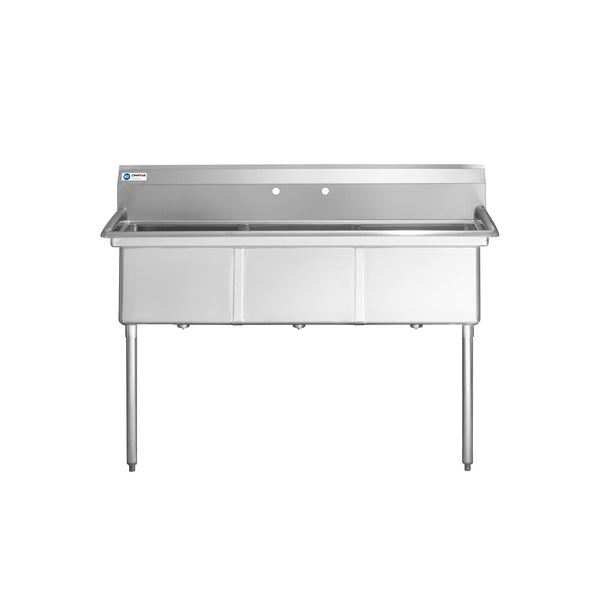 ChefAsst 78" 16-Gauge Stainless Steel Three Compartment Commercial Sink with Stainless Steel Legs,Cross Bracing, and without Drainboards - 24" x 24" x 12" Bowls