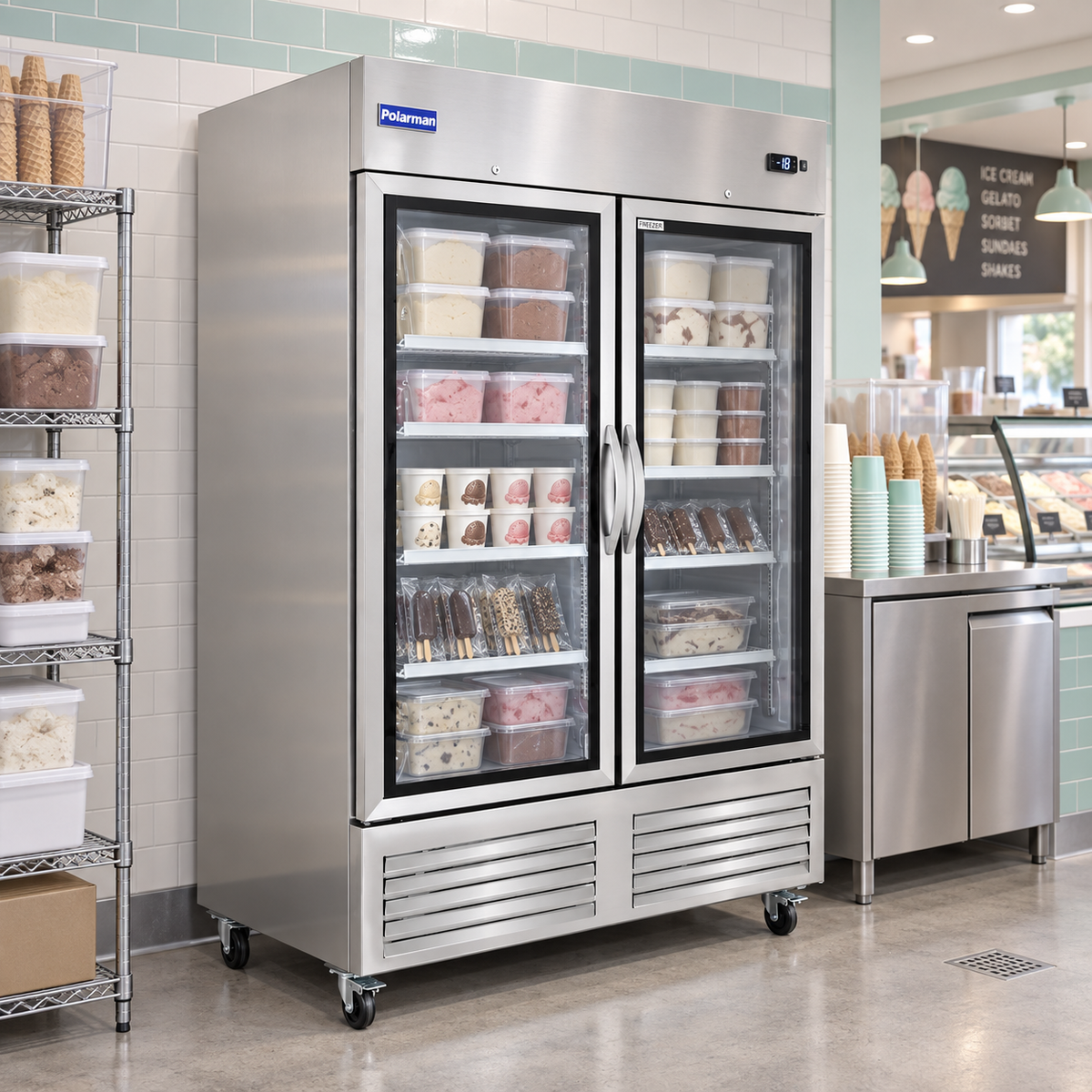 Polarman PLM-54FGS 53 15/16" Reach-In Freezer with Double Glass Doors with LED Lighting, Bottom Mount, Stainless Steel, 49 cu. ft.