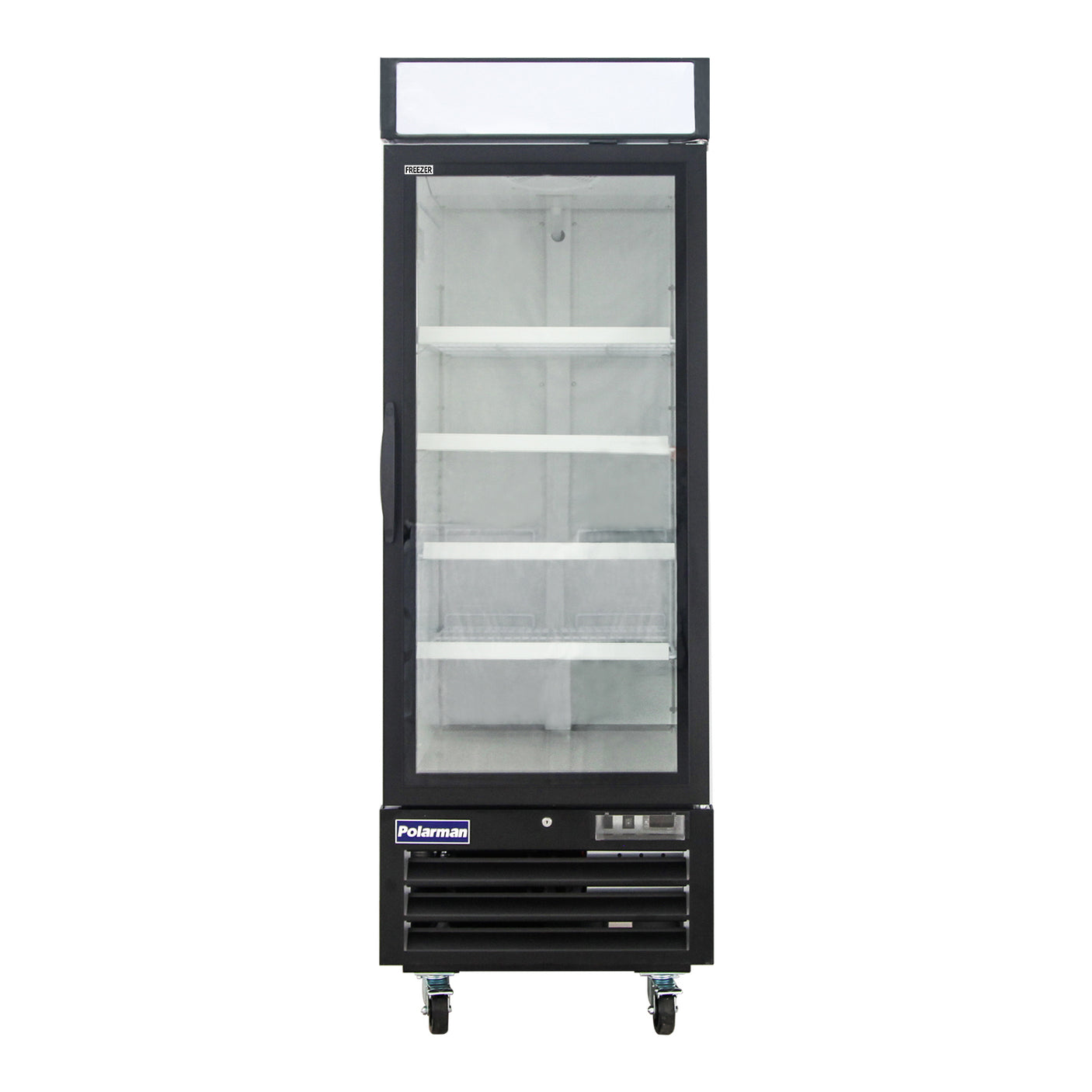 Polarman PLM-HGD23F 26 3/4" Black Single Swing Glass Door Merchandiser Freezer with LED Lighting, 23 cu.ft