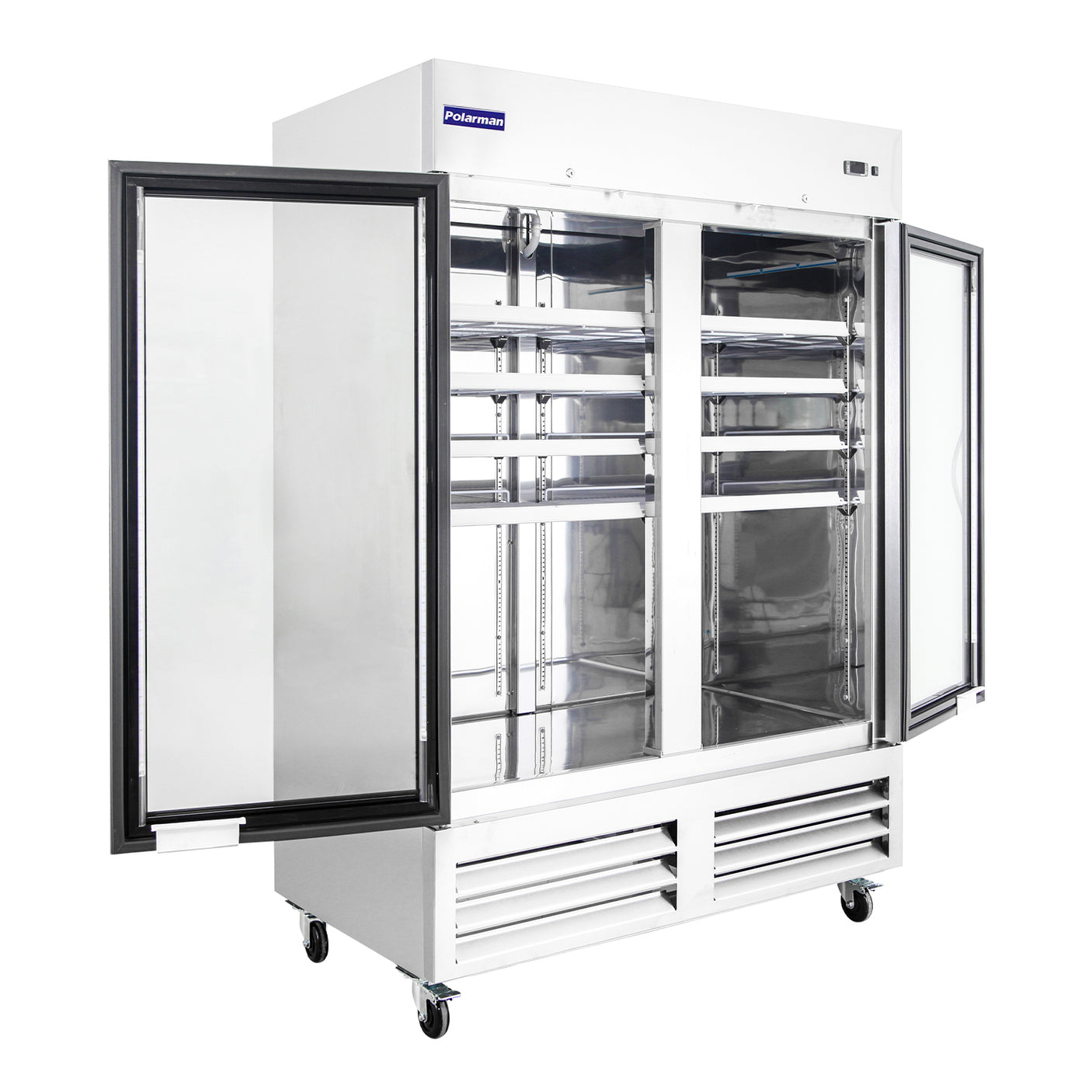 Polarman PLM-54RGS 53 15/16" Reach-In Refrigerator with Double Glass Doors with LED Lighting, Bottom Mount, Stainless Steel, 49 cu. ft.