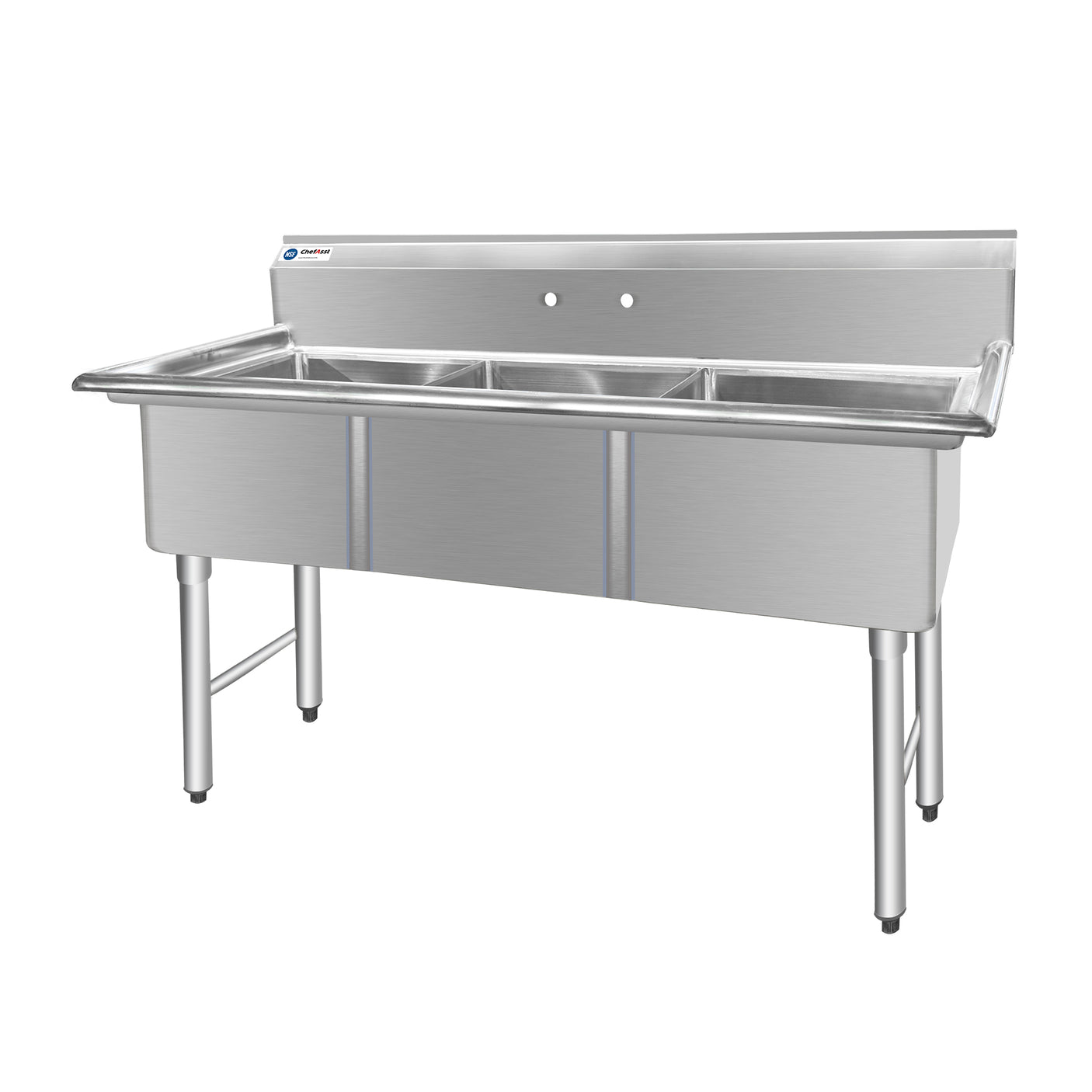 ChefAsst 61" CA-S3C181812-316 16-Gauge Stainless Steel Three Compartment Commercial Sink with Stainless Steel Legs, Cross Bracing, and without Drainboards - 18" x 18" x 12" Bowls