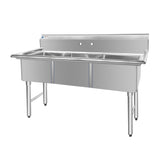 ChefAsst 61" CA-S3C181812-316 16-Gauge Stainless Steel Three Compartment Commercial Sink with Stainless Steel Legs, Cross Bracing, and without Drainboards - 18" x 18" x 12" Bowls