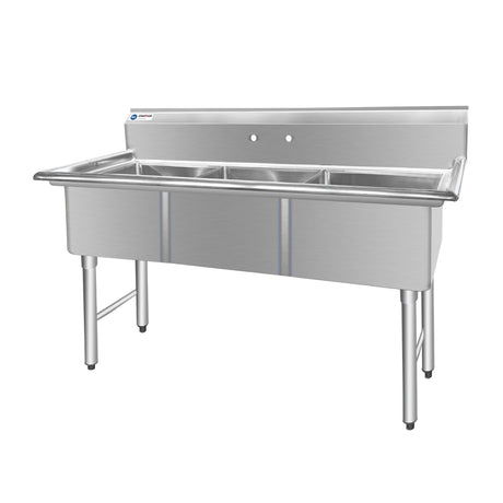 ChefAsst 61" CA-S3C181812-316 16-Gauge Stainless Steel Three Compartment Commercial Sink with Stainless Steel Legs, Cross Bracing, and without Drainboards - 18" x 18" x 12" Bowls