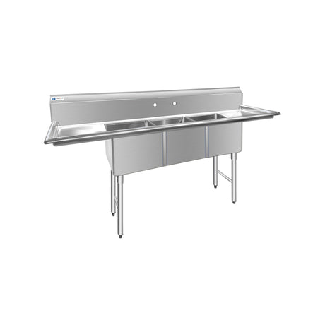 ChefAsst 54" CA-S3C101410-12LR-316 16-Gauge Stainless Steel Three Compartment Commercial Sink with Stainless Steel Legs, and Two 12" Drainboards - 10" x 14" x 10" Bowl