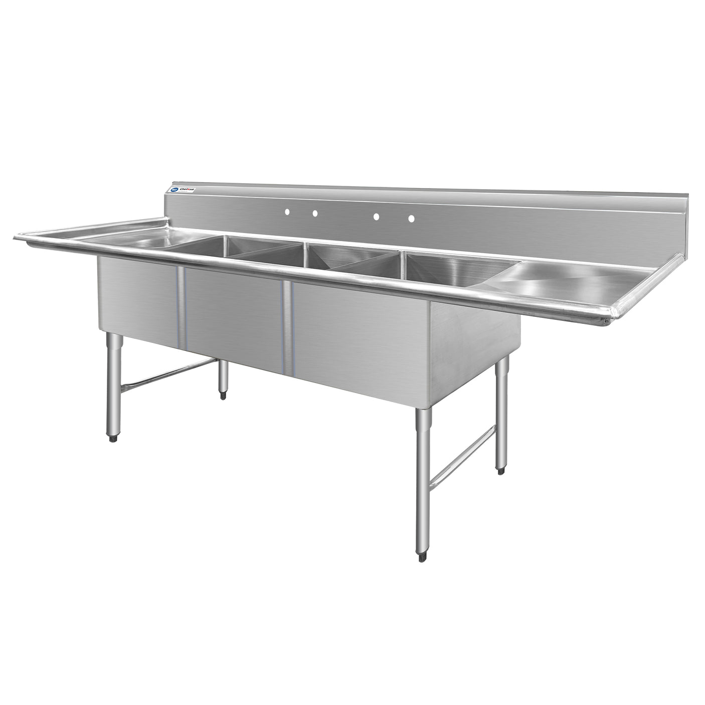 ChefAsst 121" CA-S3C242414-24LR-316 16-Gauge Stainless Steel Three Compartment Commercial Sink with Stainless Steel Legs, and Two 24" Drainboards - 24" x 24" x 14" Bowl