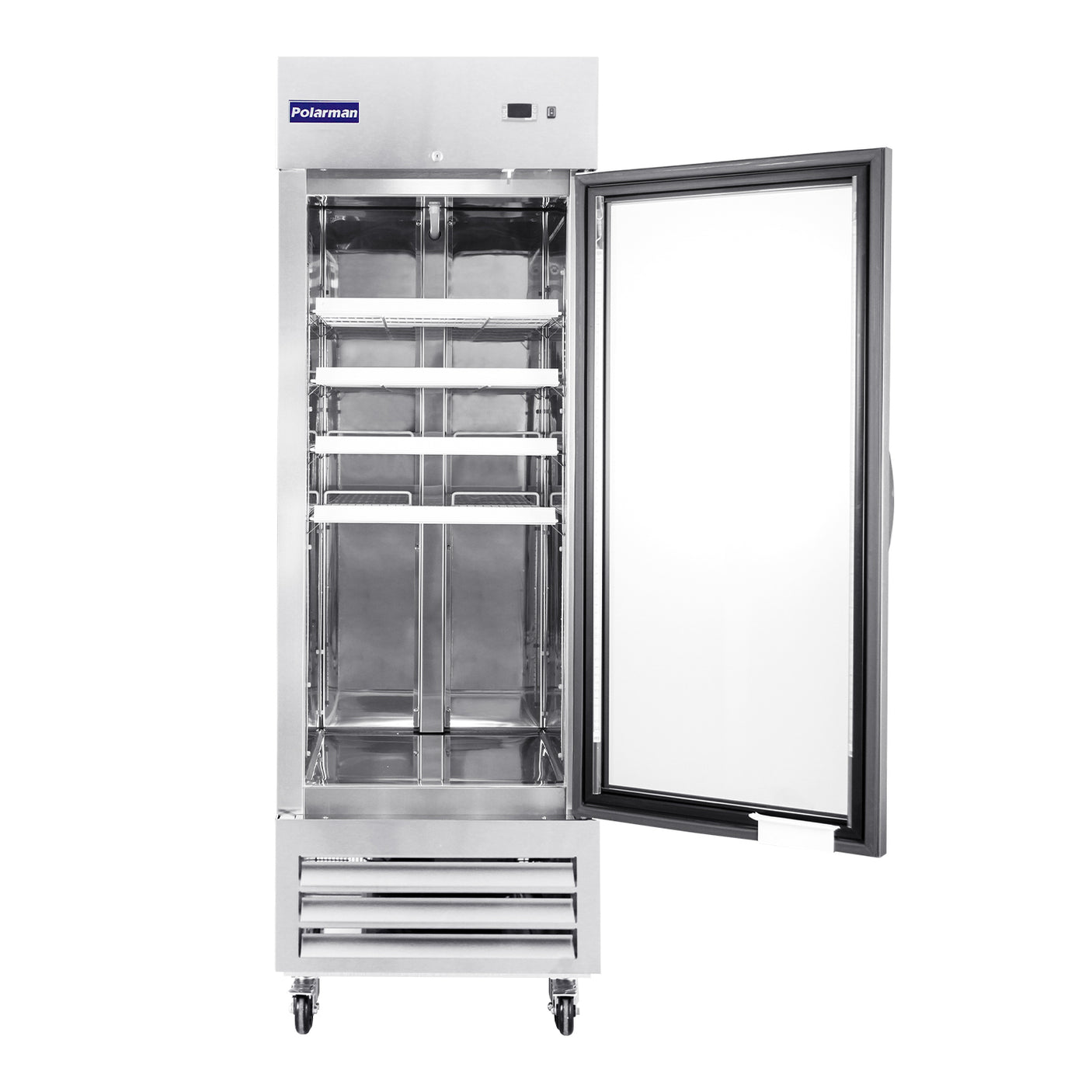 Polarman PLM-27RGS 26 3/4" Reach-In Refrigerator with Single Glass Door with LED Lighting, Bottom Mount, Stainless Steel, 23 cu. ft.
