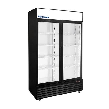 Polarman PLM-SGD44R 44 1/2" Black Refrigerated Double Swing Glass Door Merchandiser with LED Lighting, 31 cu.ft（SS-P1000WB-A）