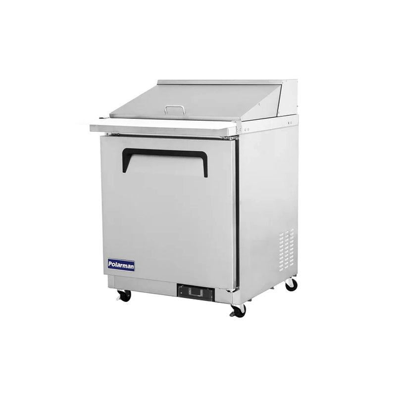 Polarman PLM-S29KS 28 15/16" Stainless Steel Mega Top Sandwich Prep Table with One Solid Full Door, (12) 1/6 Size Pans