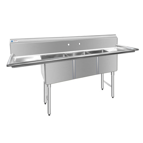 ChefAsst 103" CA-S3C182414-24LR-316 16-Gauge Stainless Steel Three Compartment Commercial Sink with Stainless Steel Legs, Cross Bracing, and Two 24" Drainboards - 18" x 24" x 14" Bowl