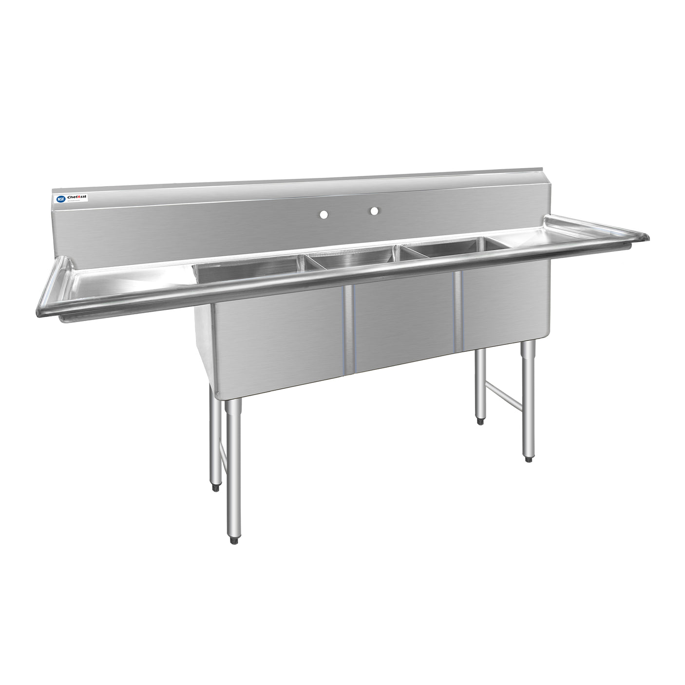 ChefAsst 91" CA-S3C182414-18LR-316 16-Gauge Stainless Steel Three Compartment Commercial Sink with Stainless Steel Legs, Cross Bracing, and Two 18" Drainboards - 18" x 24" x 14" Bowl