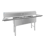 ChefAsst 91" CA-S3C182414-18LR-316 16-Gauge Stainless Steel Three Compartment Commercial Sink with Stainless Steel Legs, Cross Bracing, and Two 18" Drainboards - 18" x 24" x 14" Bowl
