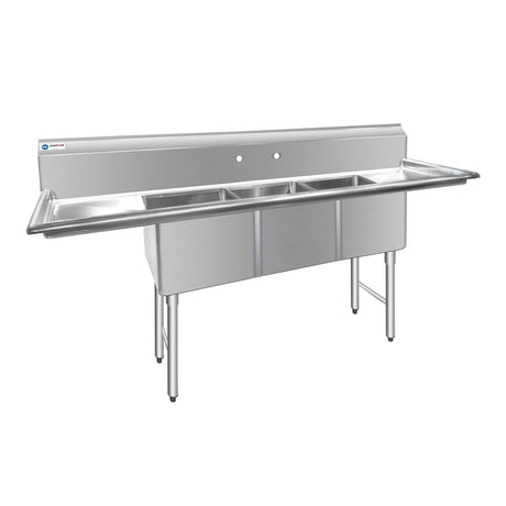 ChefAsst 91" CA-S3C182414-18LR-316 16-Gauge Stainless Steel Three Compartment Commercial Sink with Stainless Steel Legs, Cross Bracing, and Two 18" Drainboards - 18" x 24" x 14" Bowl