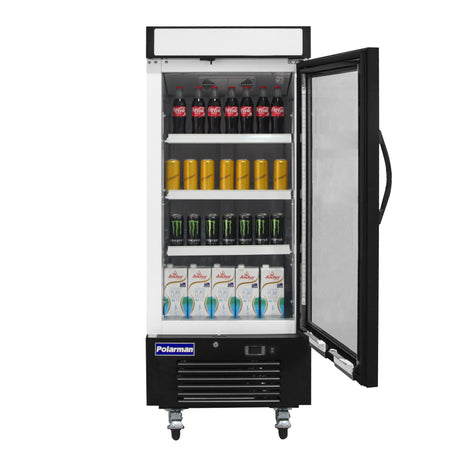 Polarman PLM-HGD12R 25" Black Refrigerated Single Swing Glass Door Merchandiser with LED Lighting, 12 cu.ft