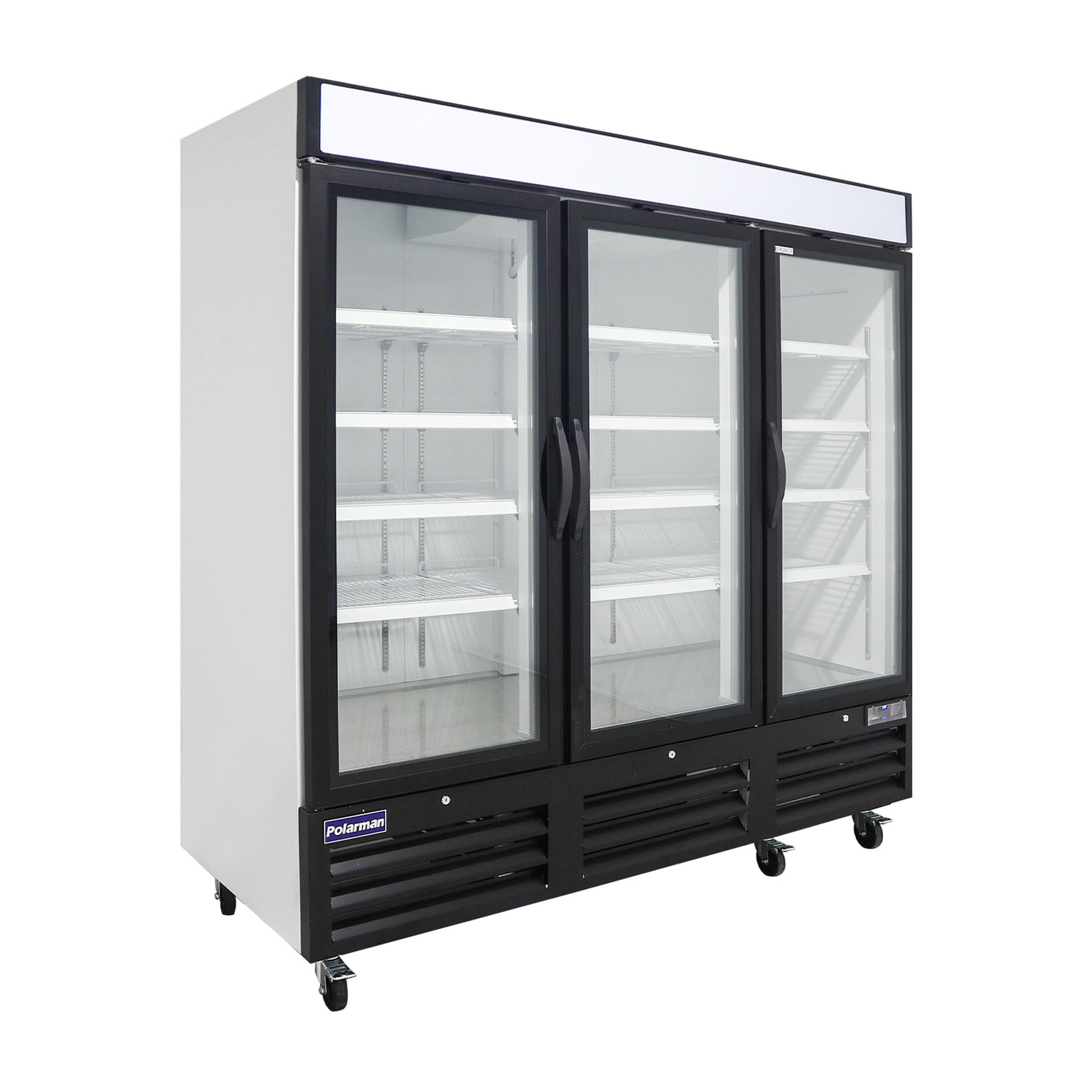 Polarman PLM-HGD72R 81" Black Refrigerated Triple Swing Glass Door Merchandiser with LED Lighting, 72 cu.ft
