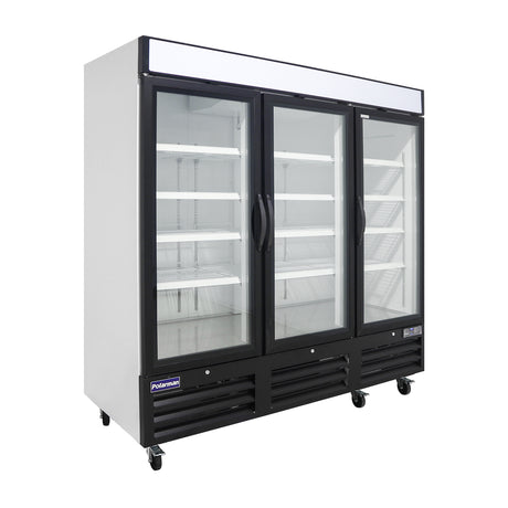 Polarman PLM-HGD72R 81" Black Refrigerated Triple Swing Glass Door Merchandiser with LED Lighting, 72 cu.ft