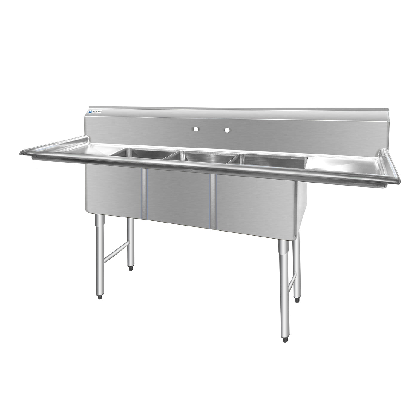 ChefAsst 91" CA-S3C181814-18LR-316 16-Gauge Stainless Steel Three Compartment Commercial Sink with Stainless Steel Legs, Cross Bracing, and Two 18" Drainboards - 18" x 18" x 14" Bowl