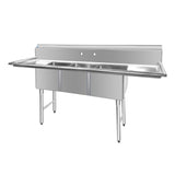 ChefAsst 91" CA-S3C181814-18LR-316 16-Gauge Stainless Steel Three Compartment Commercial Sink with Stainless Steel Legs, Cross Bracing, and Two 18" Drainboards - 18" x 18" x 14" Bowl