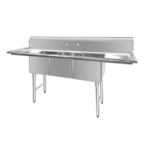 ChefAsst 91" CA-S3C181814-18LR-316 16-Gauge Stainless Steel Three Compartment Commercial Sink with Stainless Steel Legs, Cross Bracing, and Two 18" Drainboards - 18" x 18" x 14" Bowl