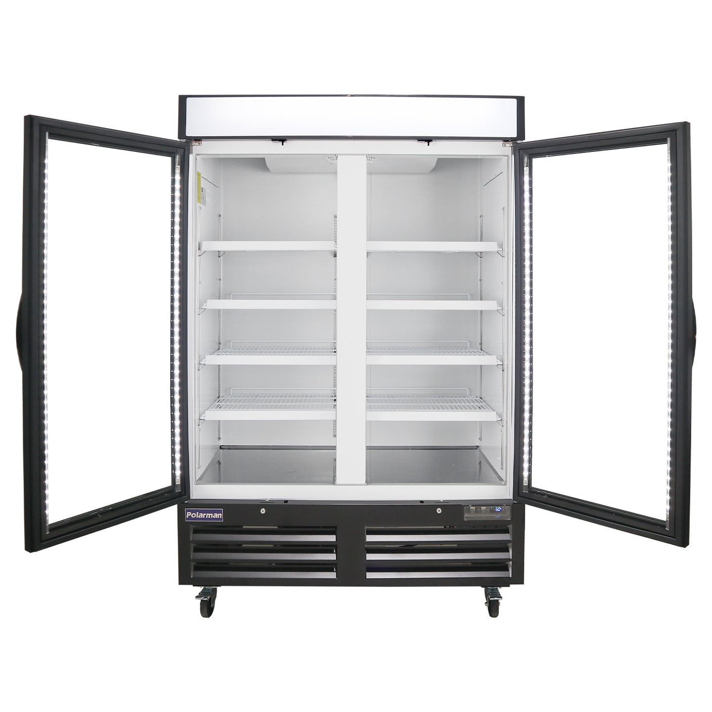 Polarman PLM-HGD48R 53 15/16" Black Refrigerated Double Swing Glass Door Merchandiser with LED Lighting, 48 cu.ft